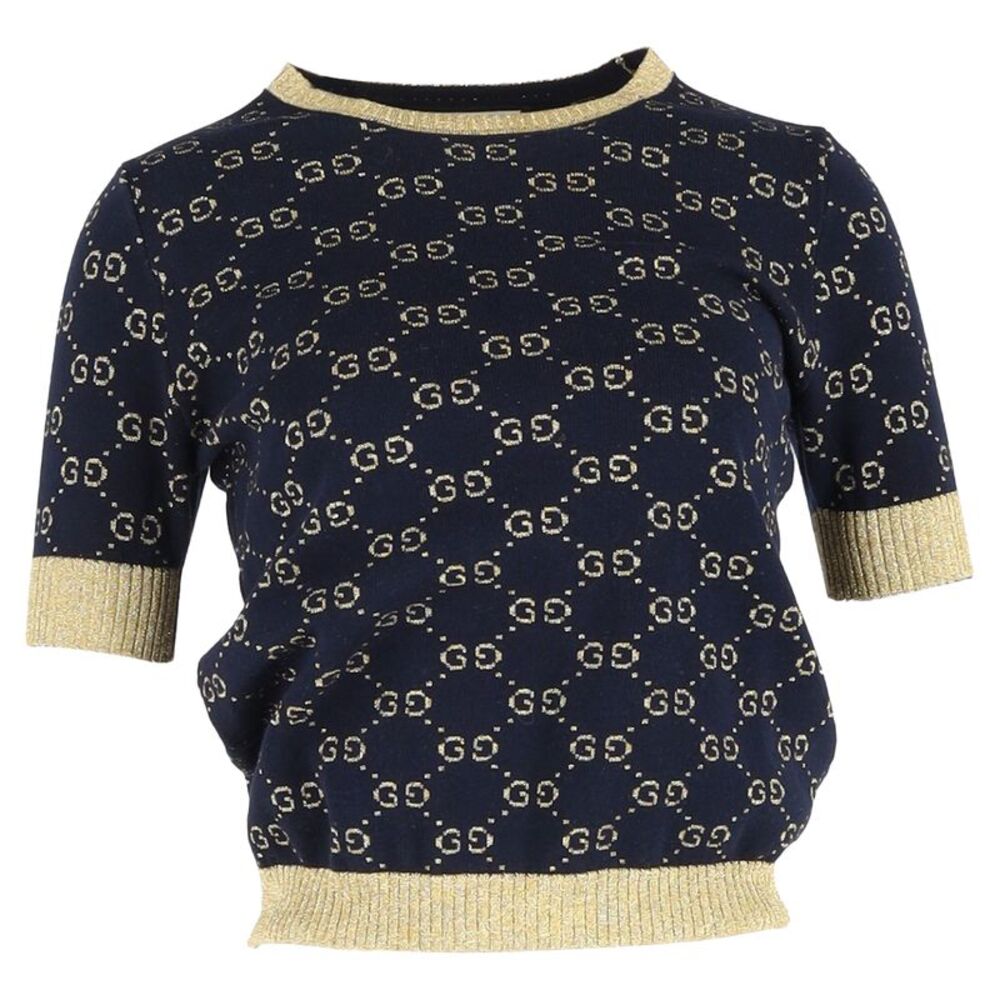 Gucci GG Lamé Top in Navy Blue Cotton